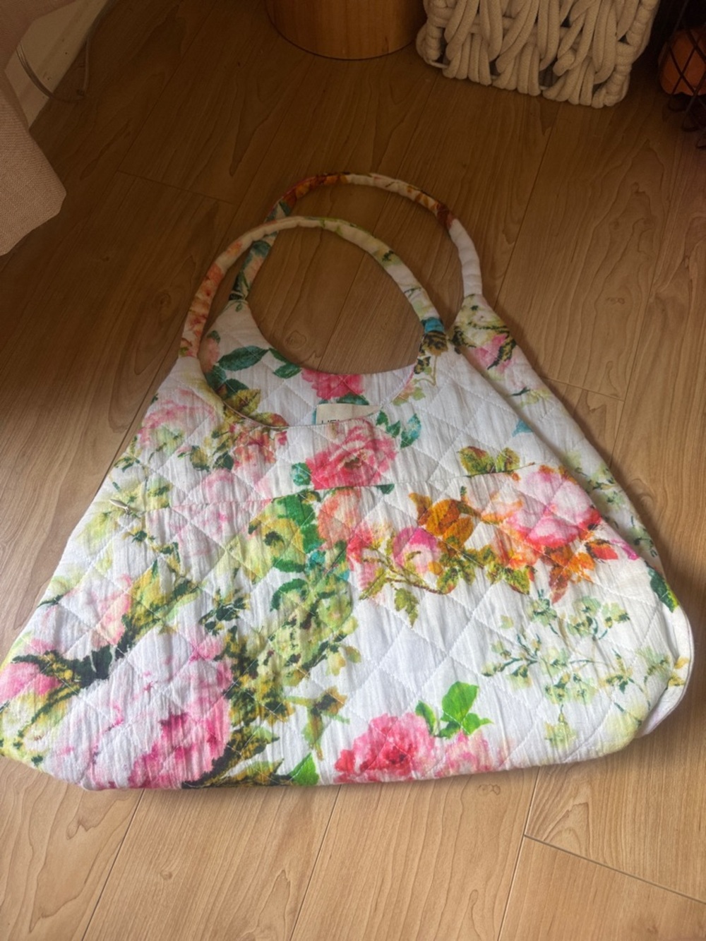 HEMANT & NANDITA White Quilted Tote with Pink, Green & Orange Floral Print - Picture 2 of 6